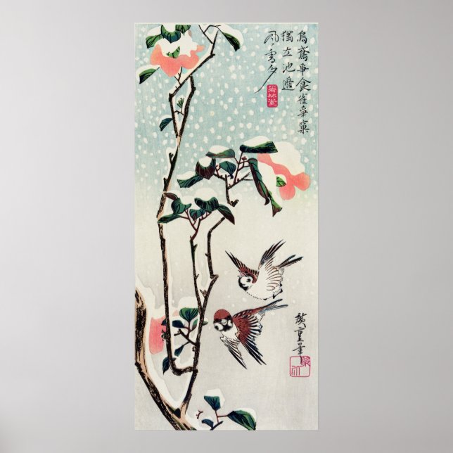 Hiroshige Sparrows and Camellias in the Snow Poster (Front)