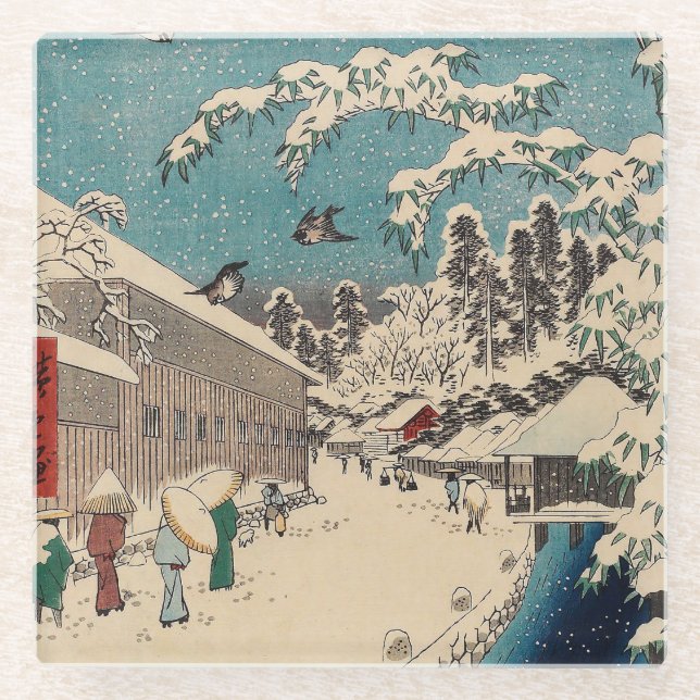 Hiroshige winter landscape japan country glass coaster (Front)