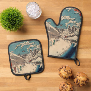 Hiroshige winter landscape japan country oven mitt & pot holder set