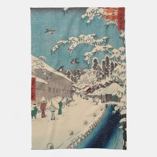 Hiroshige winter landscape japan country tea towel (Vertical)