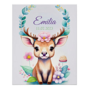 Hirsch mit Blumen - Wasserfarbe Kindermotiv Poster