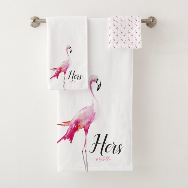 His and Hers Custom Name Tropical Flamingo Themed Bath Towel Set (Insitu)