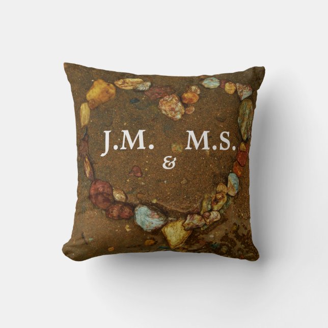 His and Hers Initials Heart of pebbles on Beach Cushion (Front)