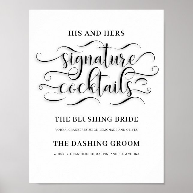 His and Hers Signature Cocktails Wedding Bar Sign (Front)