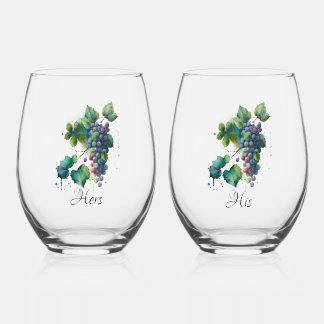 "His and Hers" Stemless Wine Glasses w Grapes