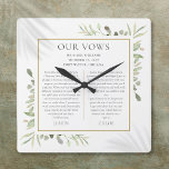 His And Hers Wedding Vows Greenery Foliage Square Wall Clock<br><div class="desc">Featuring delicate watercolour leaves,  this chic wedding keepsake gift can be personalized with your special wedding day vows. Designed by Thisisnotme©</div>