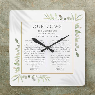 His And Hers Wedding Vows Greenery Foliage Square Wall Clock