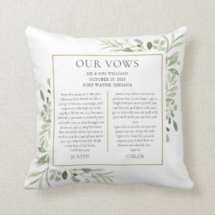His And Hers Wedding Vows Photo Greenery Foliage Cushion