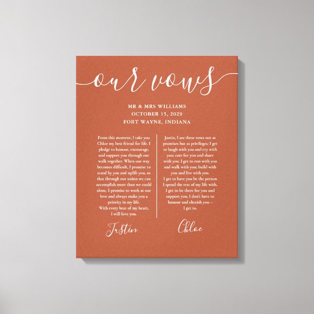 His And Hers Wedding Vows Terracotta Script Canvas Print (Front)