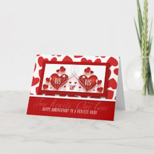 His and His Wedding Anniversary Two Red Hearts Card