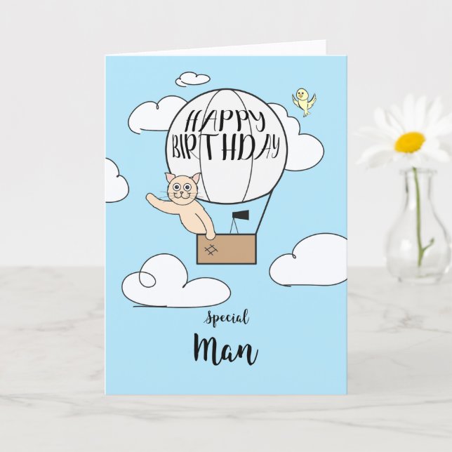 His Birthday Across Miles Cat in Hot Air Balloon   Card (Small Plant)