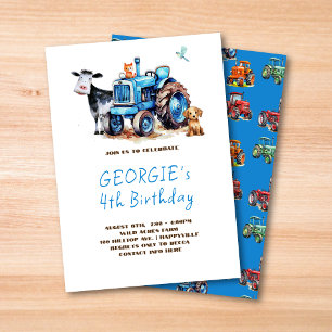 His Birthday Blue Tractor Barnyard Animals Invitation