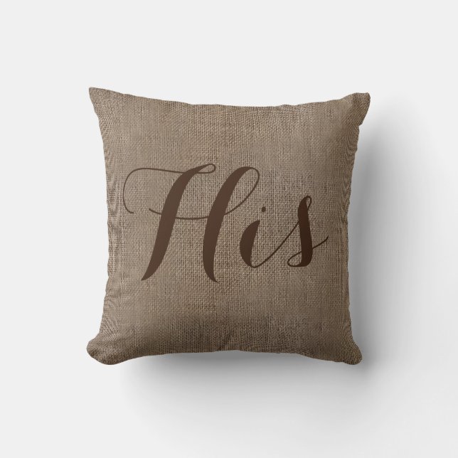 His Burlap-Look Rustic Wedding Keepsake His/Hers Cushion (Front)