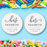 "His Favourite" Wedding Favour Sticker<br><div class="desc">"His Favourite." Personalise your favours,  featuring "his" favourite candy,  snack,  chocolate,  etc.,  with your names and date within a cute and modern design. Use for your wedding,  bridal shower,  engagement party,  etc. "Her Favourite" is available within my "His   Hers" collection. {image by freepik}</div>