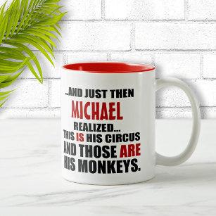 (His) Funny Personalised Circus Monkeys Two-Tone Coffee Mug