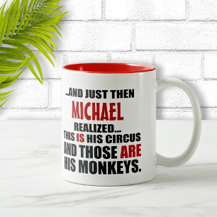 (His) Funny Personalised Circus Monkeys Two-Tone Coffee Mug