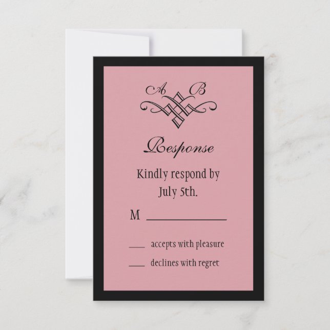His & Her Monogram Wedding RSVP in Pink Card (Front)