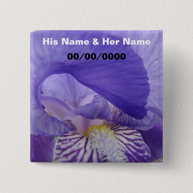 His & Her Name buttons Wedding Date Irises Floral (Front)