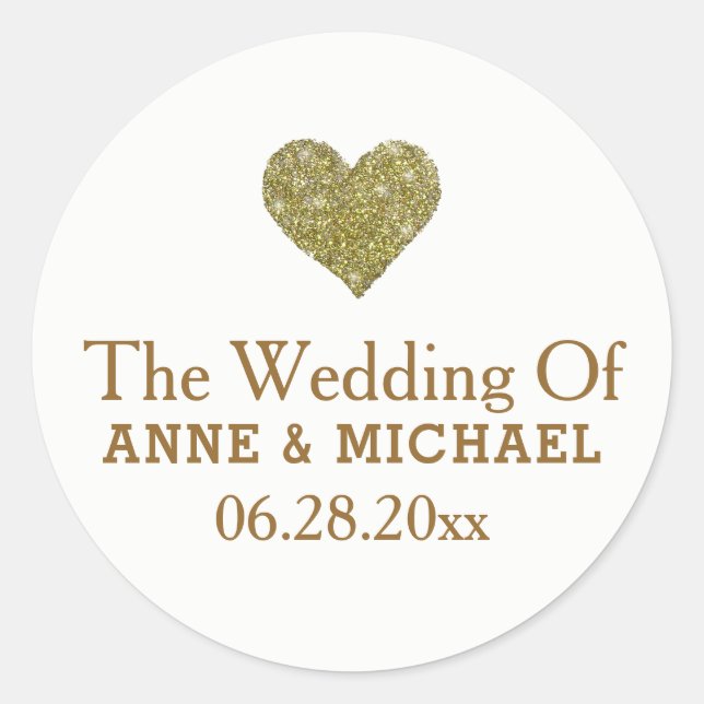 his + her names & faux gold heart . wedding  classic round sticker (Front)