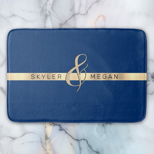 His & Her Names, Gold Stripe on Royal Blue Bath Mat (Creator Uploaded)
