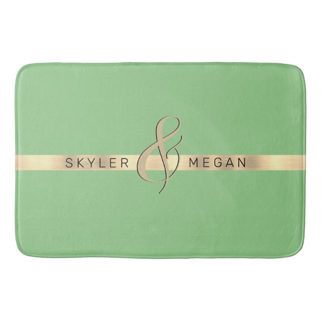 His & Her Names, Gold Stripe on Sage Bath Mat (Front)