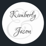 His & Her Script Names, Black & Grey Keychain Comp Classic Round Sticker<br><div class="desc">His and her names in beautiful black and grey script lettering for an elegant design on white background.</div>