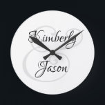 His & Her Script Names, Black & Grey Round Clock<br><div class="desc">His and her names in beautiful black and grey script lettering for an elegant design on white background.</div>
