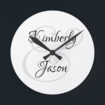 His & Her Script Names, Black & Grey Round Clock<br><div class="desc">His and her names in beautiful black and grey script lettering for an elegant design on white background.</div>