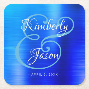 His & Her Script Names, Brushed Blue Metal Wedding Square Paper Coaster