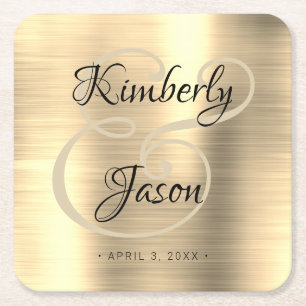 His & Her Script Names, Brushed Gold Metal Wedding Square Paper Coaster