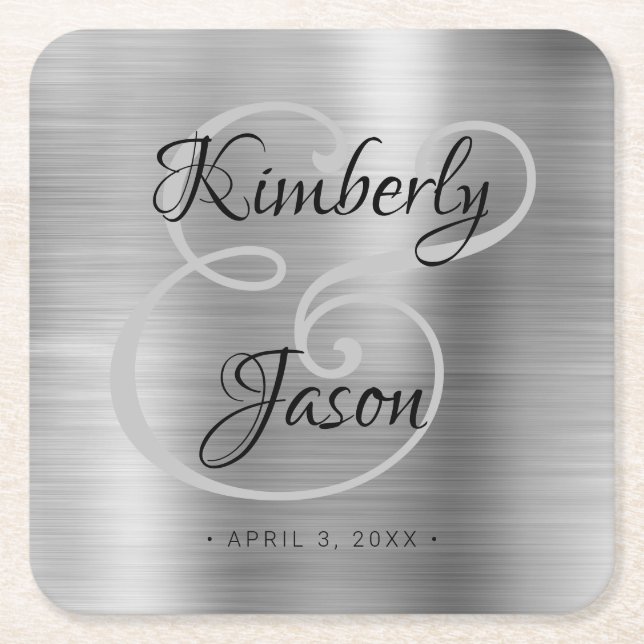His/Her Script Names, Brushed Silver Metal Wedding Square Paper Coaster (Front)