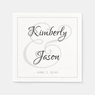 His & Her Script Names, Grey Border Wedding Napkin