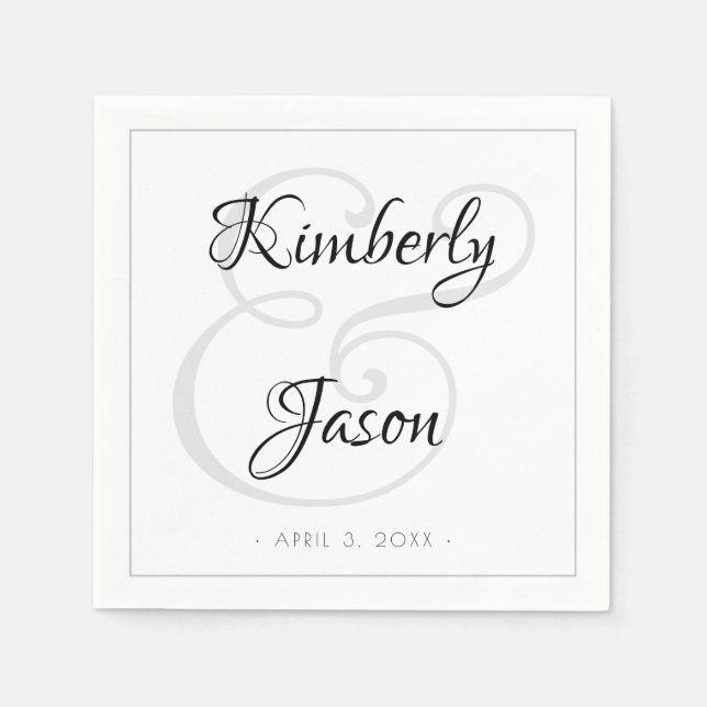 His & Her Script Names, Grey Border Wedding Napkin (Front)