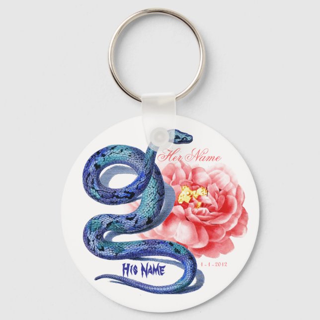 His Her Snake Rose Personalize Wedding Party Gift Key Ring (Front)