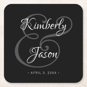 His & Her White Script Names, Black Wedding Square Paper Coaster