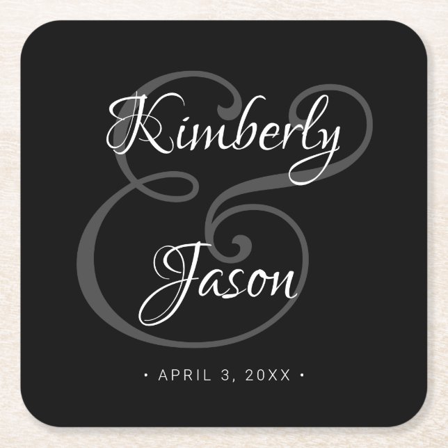 His & Her White Script Names, Black Wedding Square Paper Coaster (Front)