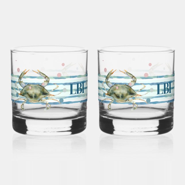 HIS & HER'S BEACH TOWN, WATERCOLOR CRAB ART WHISKEY GLASS (Front)