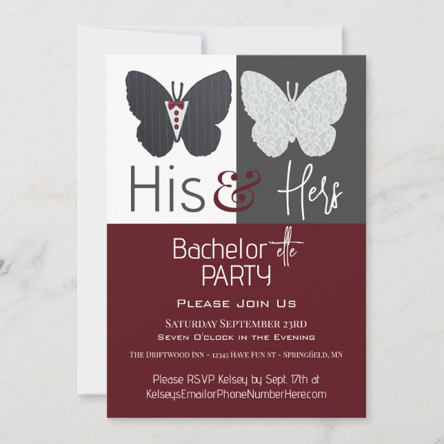 His & Hers Butterflies Bachelor+ette Party Invitation (Front)