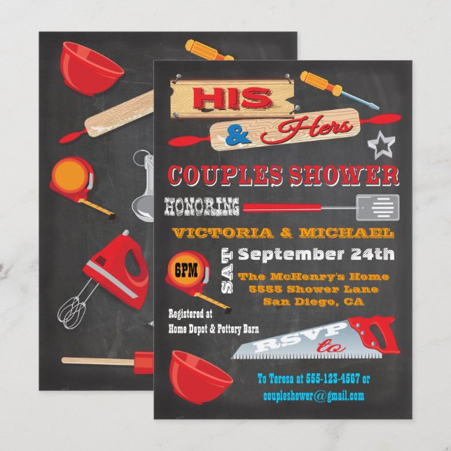 His & Hers Couples Chalkboard Shower Invites (Front/Back)