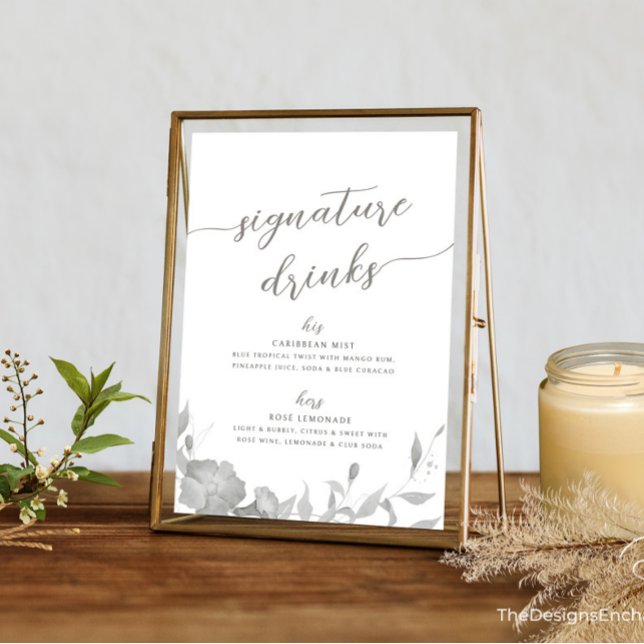 His & Hers Signature Drinks Cocktails Sign Poster Invitation (Modern Simple Wedding Signature Drinks Sign Minimal Boho Floral Wedding Poster TheDesignsEnchanted)