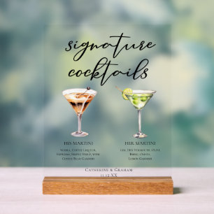 His & Hers Signature Wedding Martini Cocktails Acrylic Sign