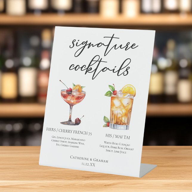 His Hers Summer Wedding Signature Cocktails Menu Pedestal Sign (Creator Uploaded)