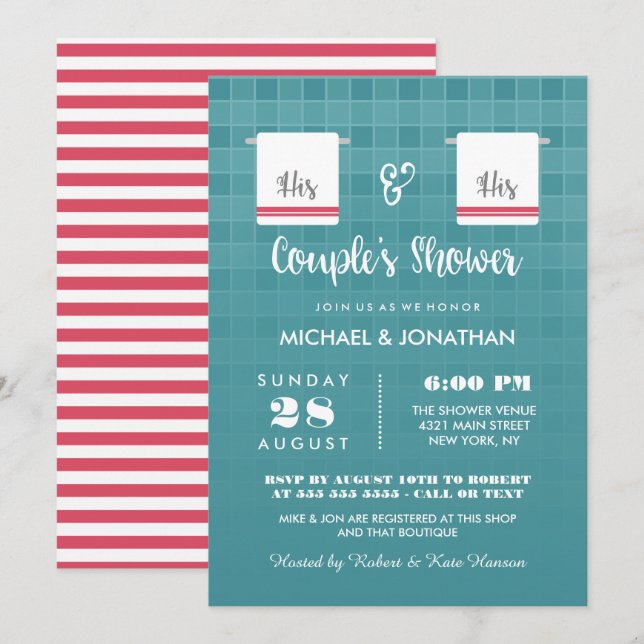 His & His | Blue & Red Gay Couple's Shower Invitation (Front/Back)