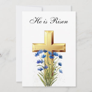 His is Risen Watercolor Easter Cornflowers Cross  Invitation