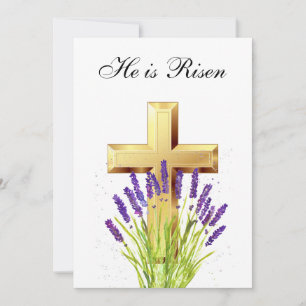 His is Risen Watercolor Easter Lavender Cross Invitation