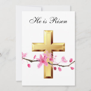 His is Risen Watercolor Easter Pink Blossom Cross Invitation