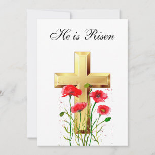 His is Risen Watercolor Easter Red Poppies Cross Invitation