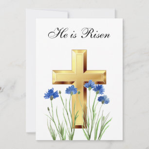 His is Risen Wildflower Easter Cornflowers Cross Invitation