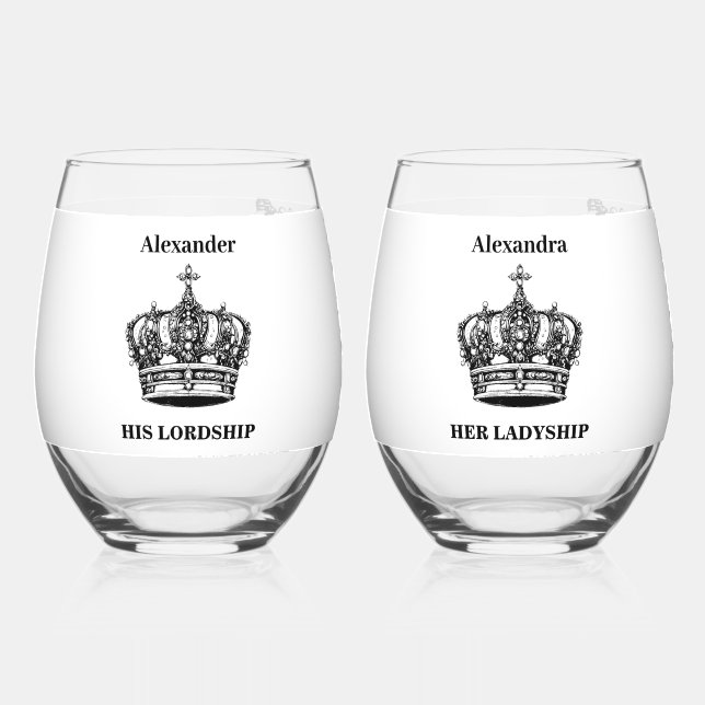 His Lordship Her Ladyship Crown Custom Name Funny Stemless Wine Glass (Front)