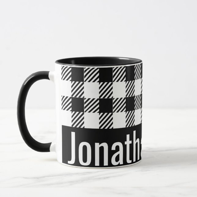 His mug Name Black White Gingham Checks (Left)